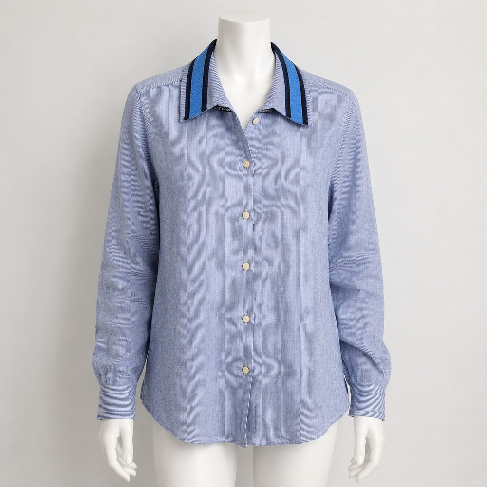 Jupe by Jackie Striped Linen Button Down Shirt Blue White Embroidered Collar M